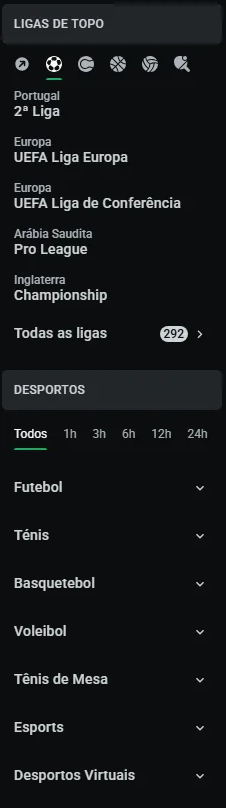 Interface LEON PT: ligas de topo e lista de modalidades desportivas